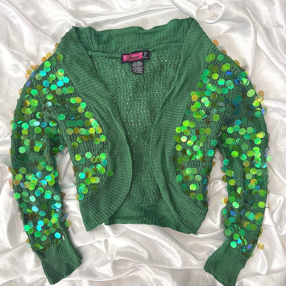 Say What? Green Silk Blend Sequin Sleeve Shrug Cardigan Bolero Small
